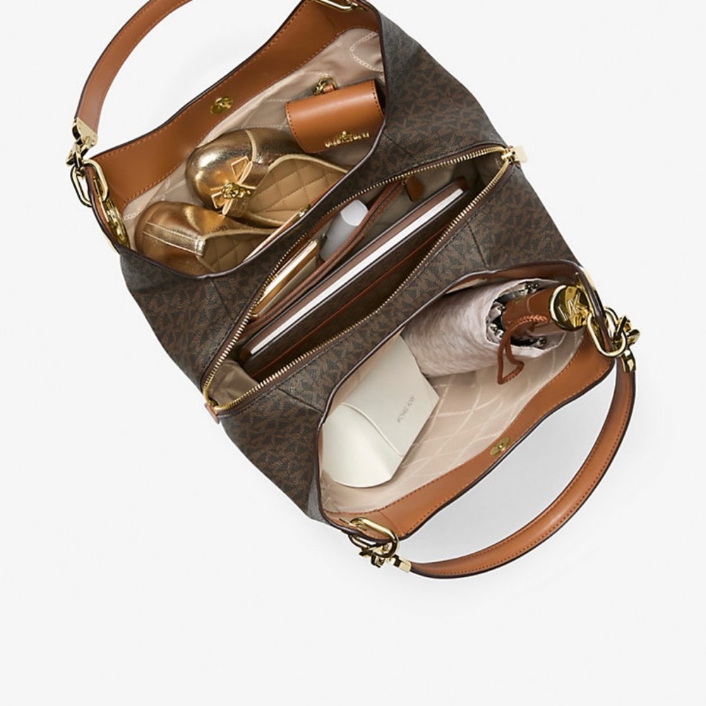 Michael Kors Lillie Large signature logo Brown Shoulder Bag with Gold Chains - Picture 4 of 8